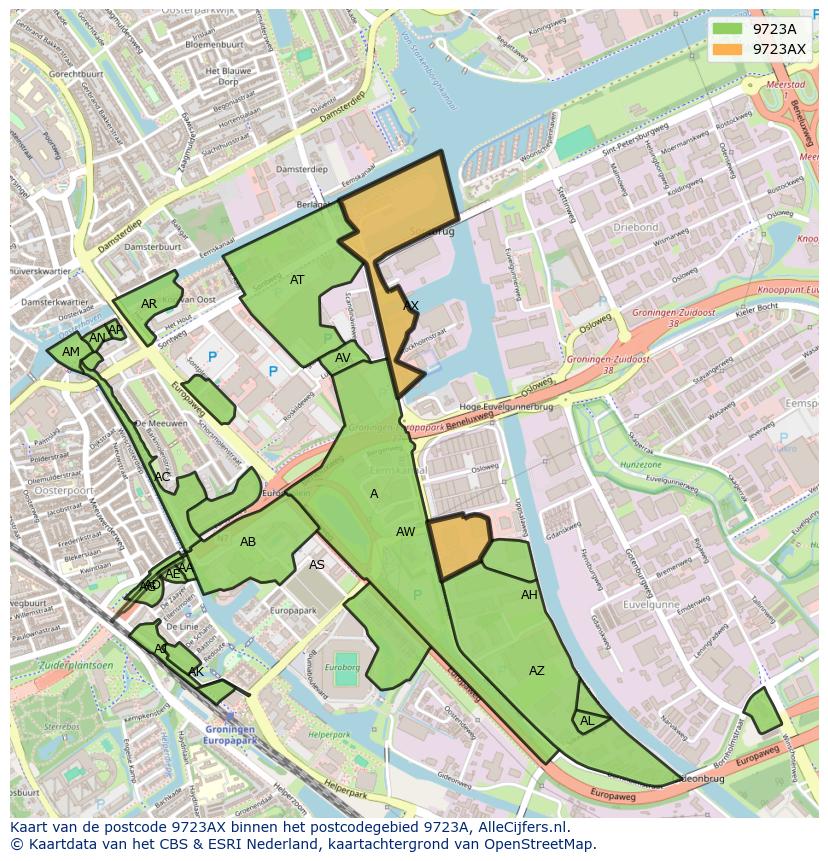 Afbeelding van het postcodegebied 9723 AX op de kaart.