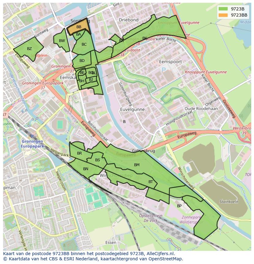 Afbeelding van het postcodegebied 9723 BB op de kaart.