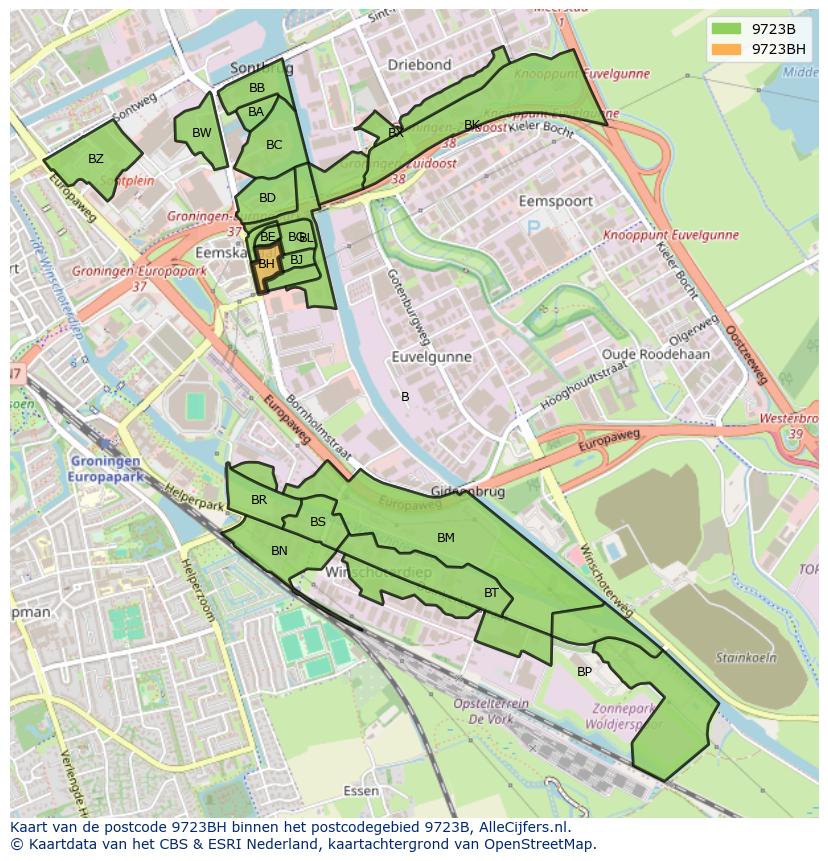Afbeelding van het postcodegebied 9723 BH op de kaart.