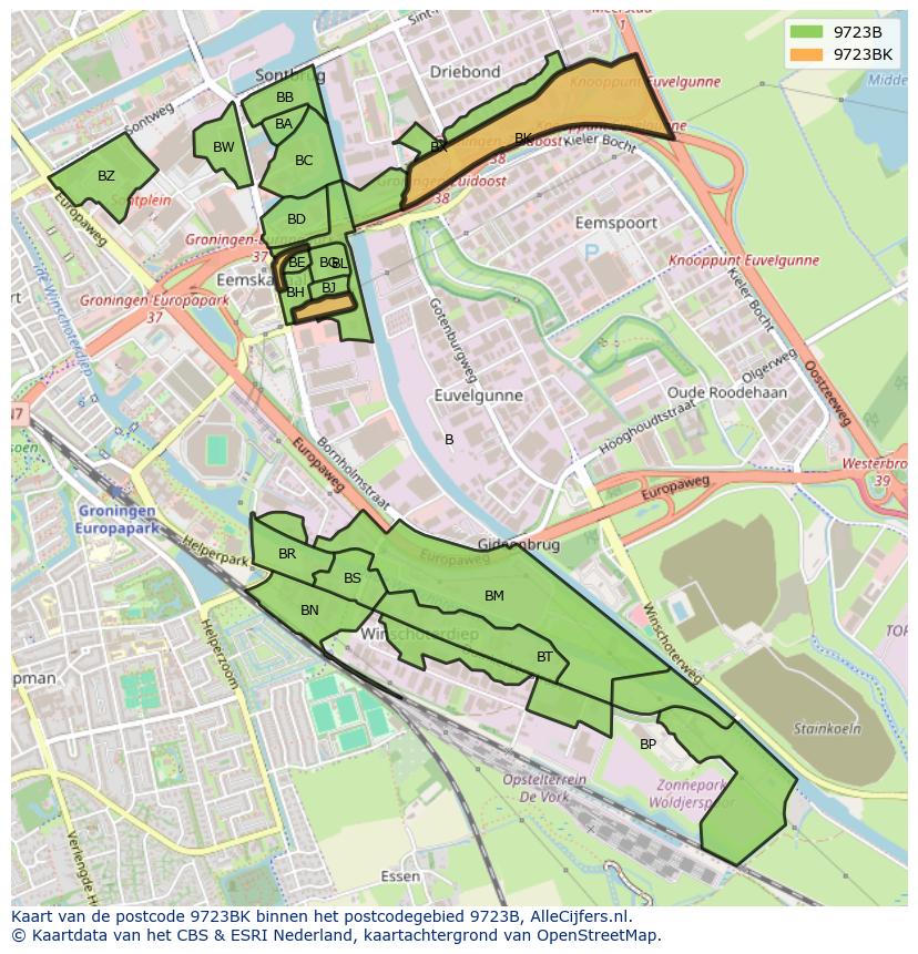 Afbeelding van het postcodegebied 9723 BK op de kaart.