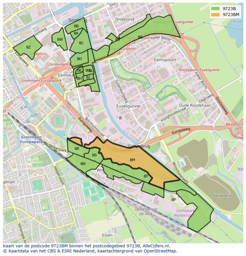Afbeelding van het postcodegebied 9723 BM op de kaart.