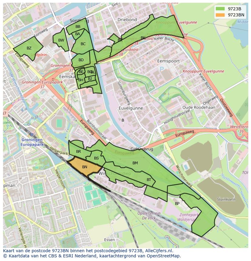 Afbeelding van het postcodegebied 9723 BN op de kaart.
