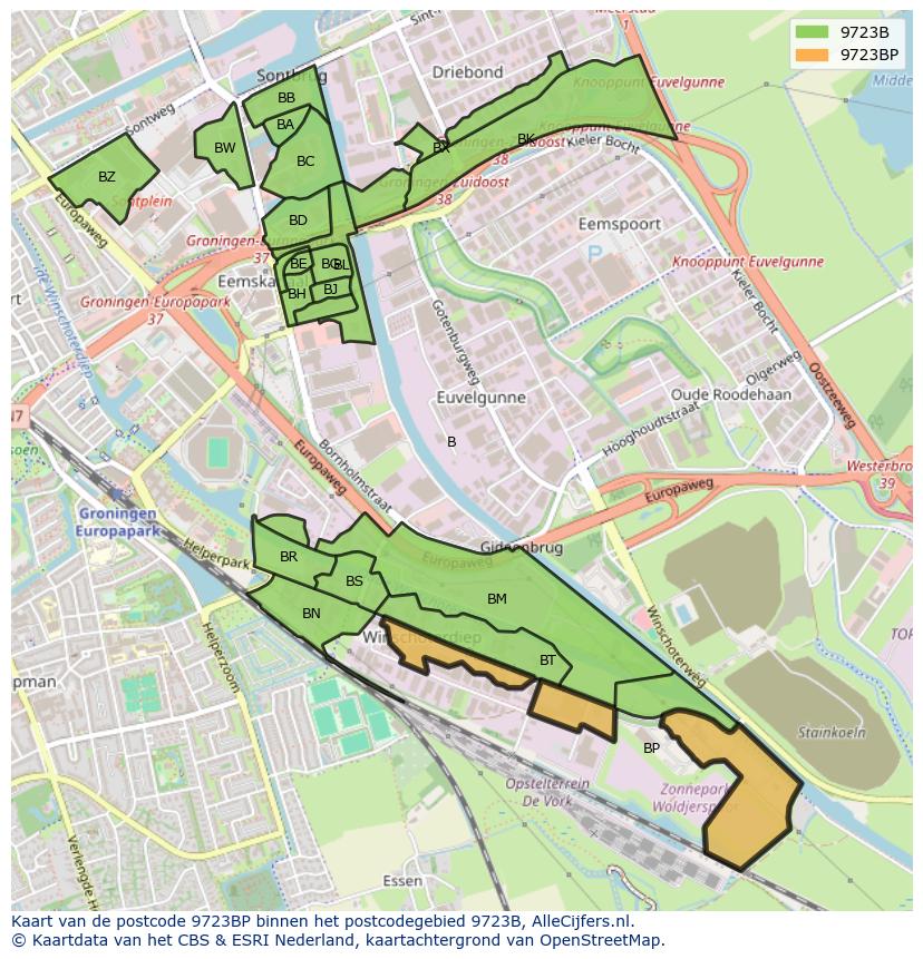 Afbeelding van het postcodegebied 9723 BP op de kaart.