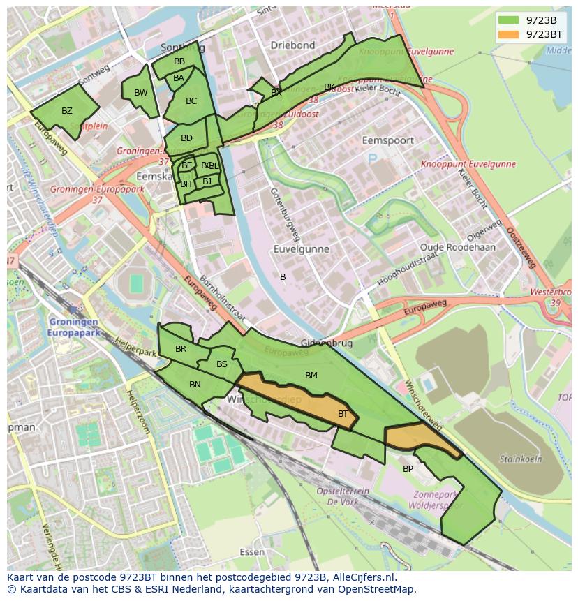 Afbeelding van het postcodegebied 9723 BT op de kaart.