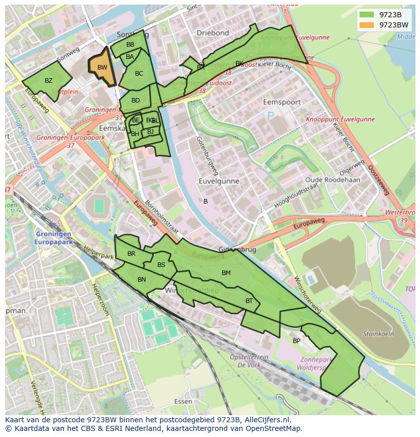 Afbeelding van het postcodegebied 9723 BW op de kaart.