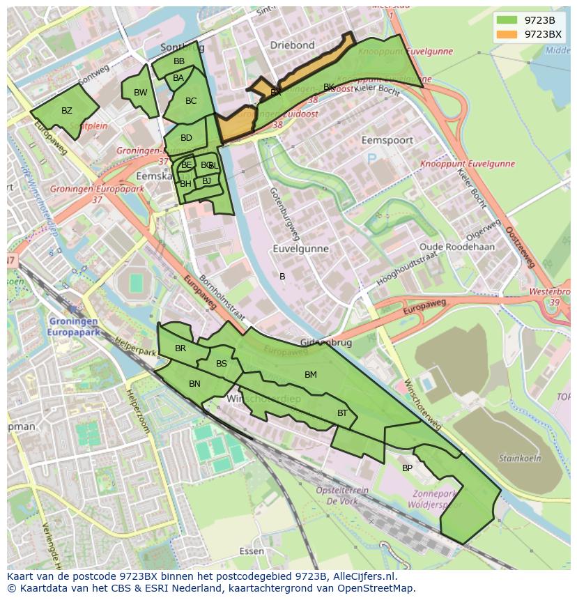 Afbeelding van het postcodegebied 9723 BX op de kaart.