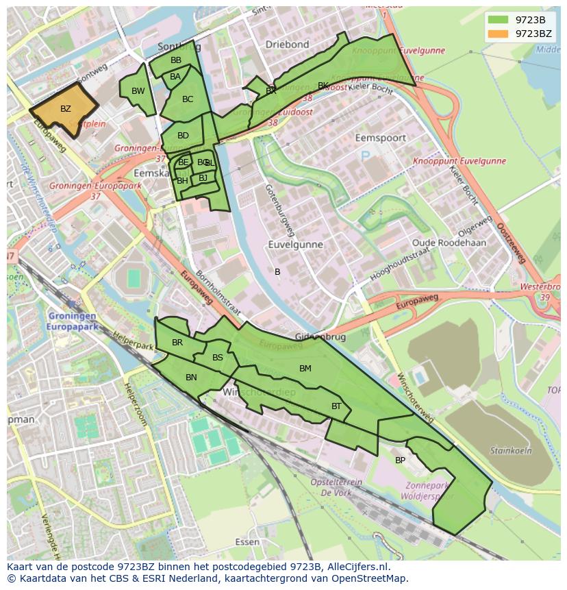 Afbeelding van het postcodegebied 9723 BZ op de kaart.