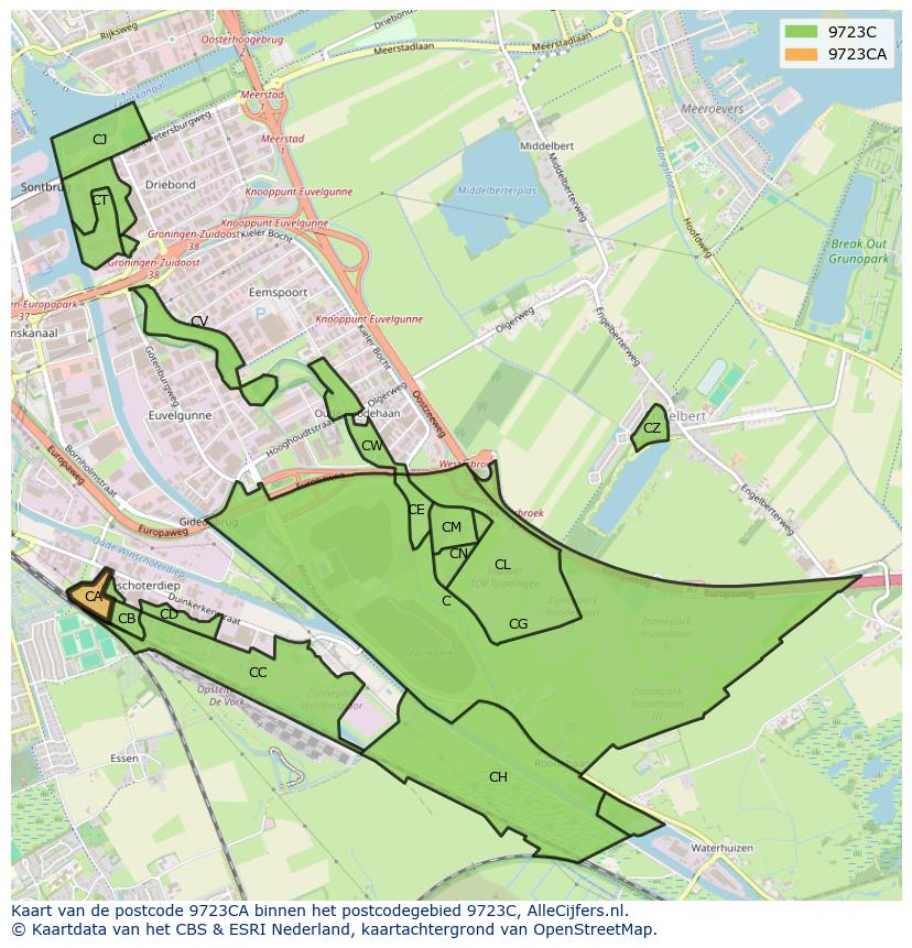 Afbeelding van het postcodegebied 9723 CA op de kaart.