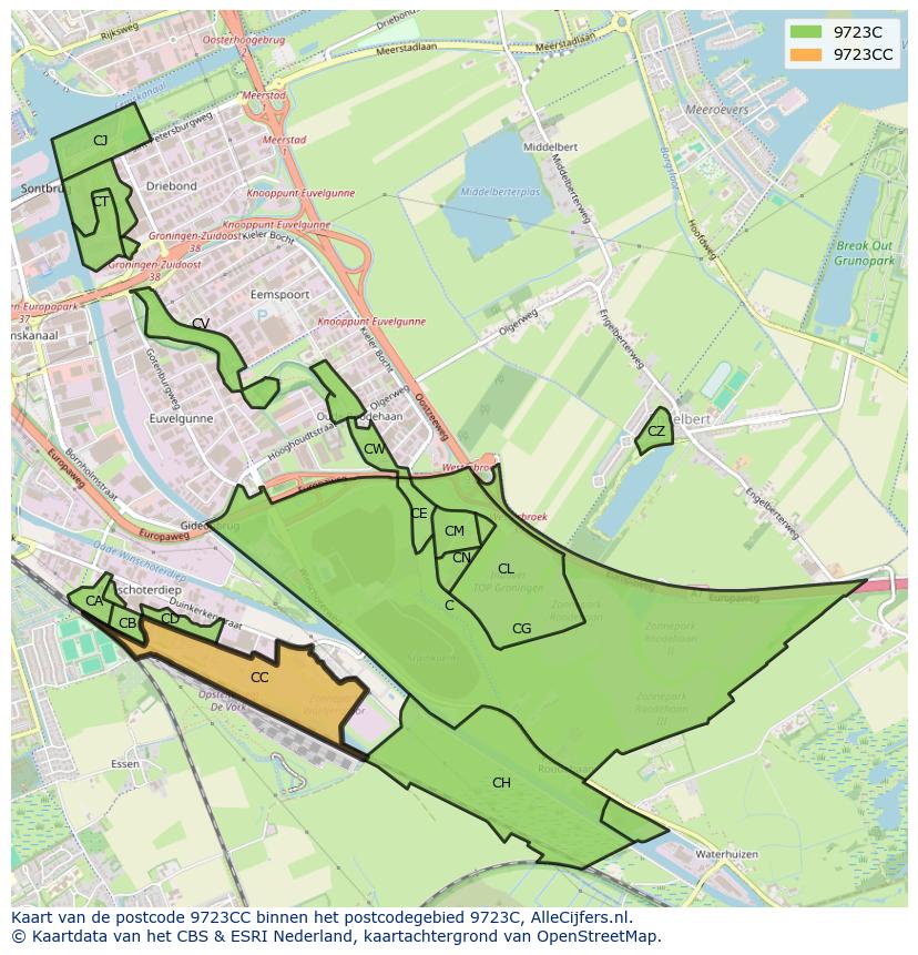 Afbeelding van het postcodegebied 9723 CC op de kaart.