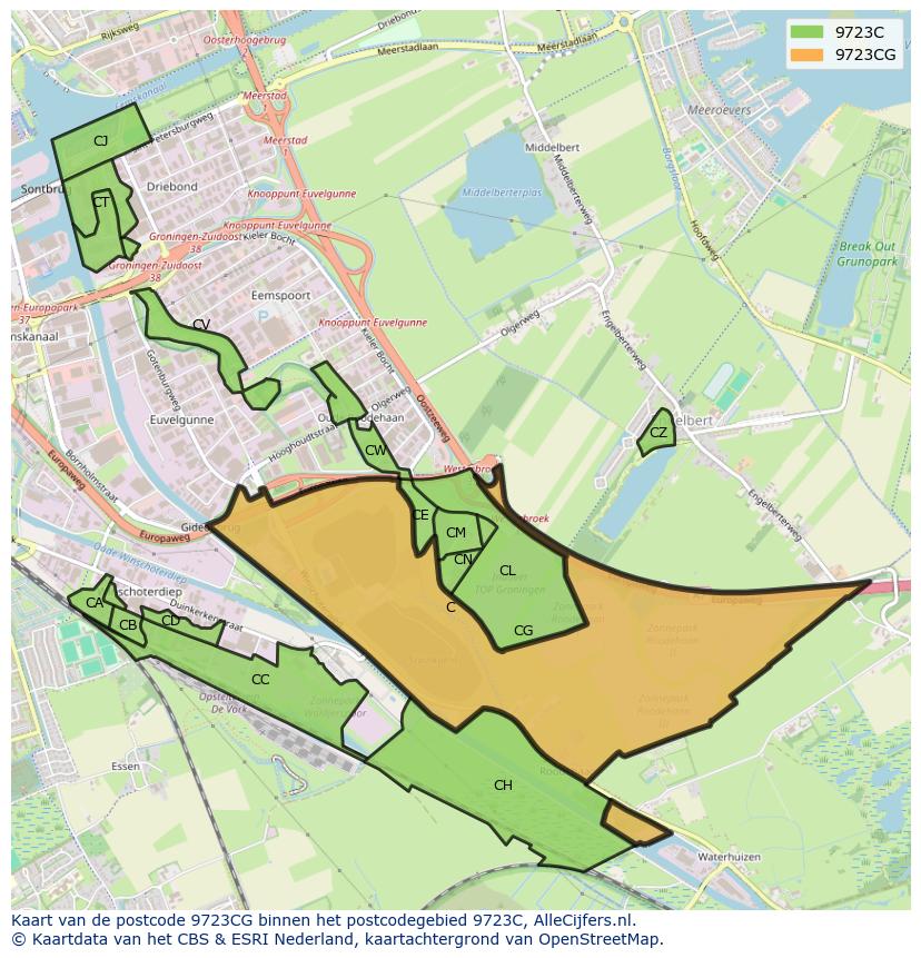Afbeelding van het postcodegebied 9723 CG op de kaart.