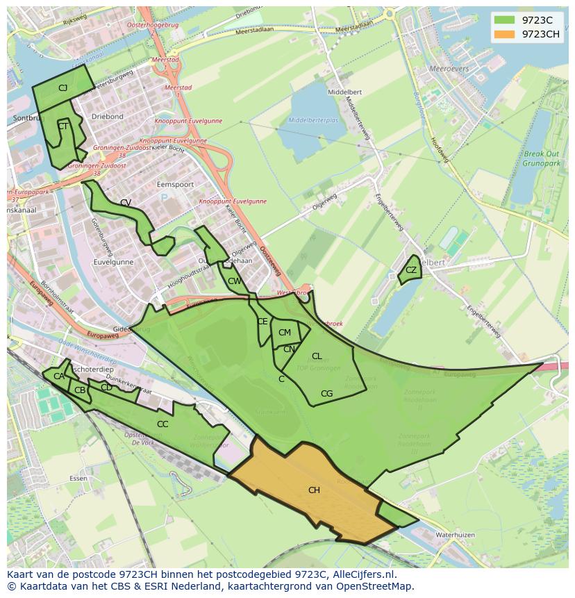 Afbeelding van het postcodegebied 9723 CH op de kaart.