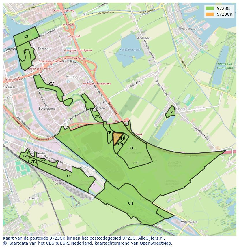 Afbeelding van het postcodegebied 9723 CK op de kaart.