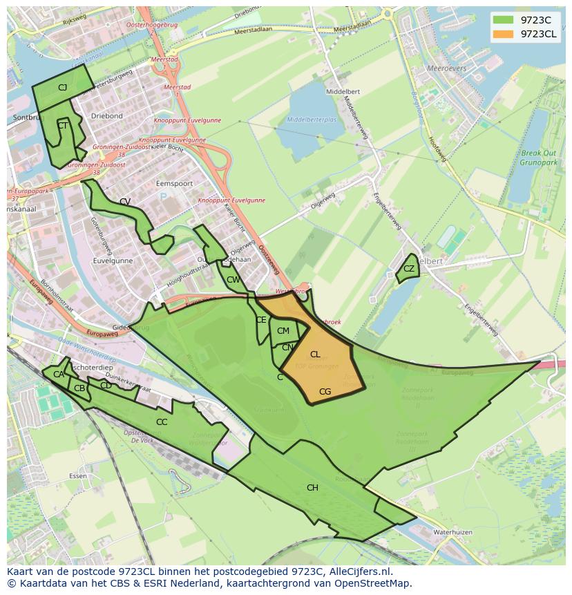 Afbeelding van het postcodegebied 9723 CL op de kaart.