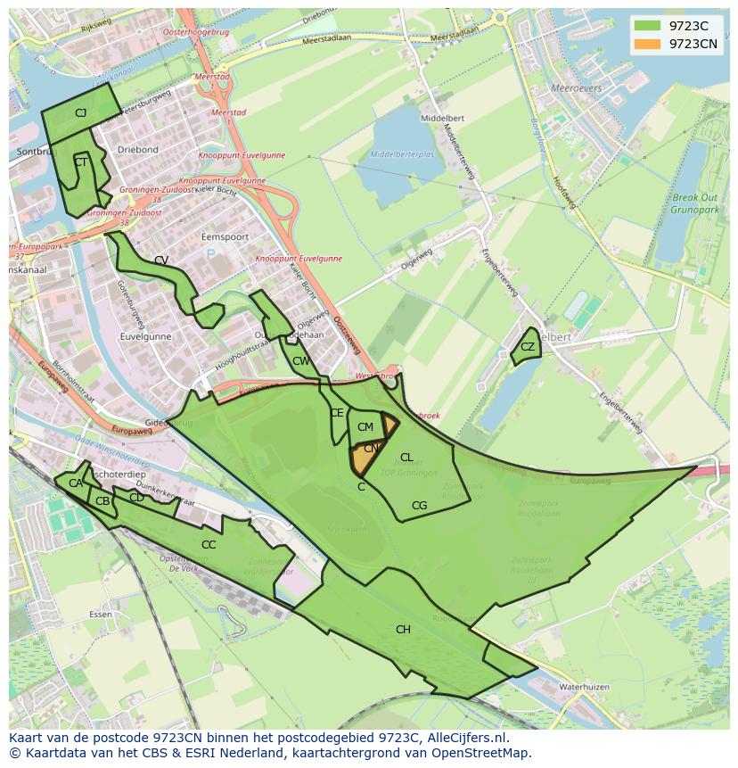 Afbeelding van het postcodegebied 9723 CN op de kaart.