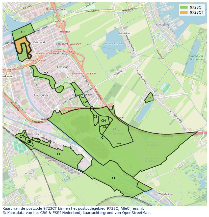 Afbeelding van het postcodegebied 9723 CT op de kaart.