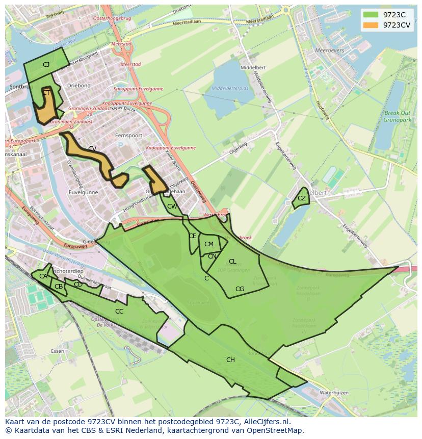 Afbeelding van het postcodegebied 9723 CV op de kaart.