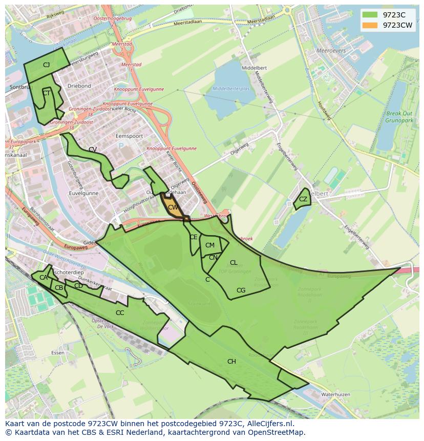 Afbeelding van het postcodegebied 9723 CW op de kaart.