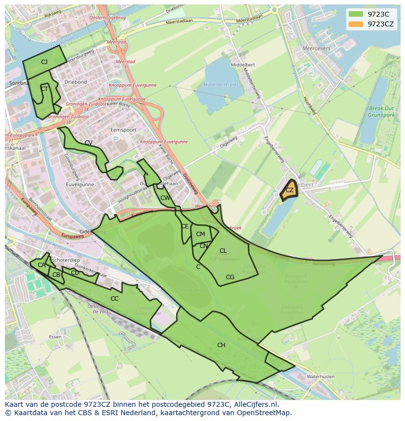 Afbeelding van het postcodegebied 9723 CZ op de kaart.