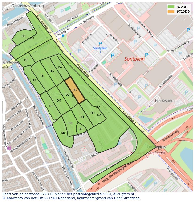 Afbeelding van het postcodegebied 9723 DB op de kaart.