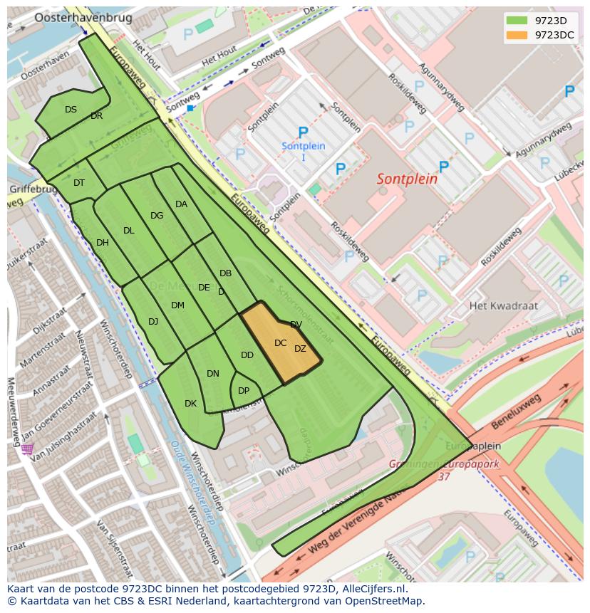 Afbeelding van het postcodegebied 9723 DC op de kaart.