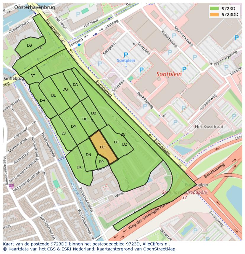 Afbeelding van het postcodegebied 9723 DD op de kaart.