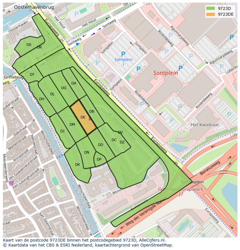 Afbeelding van het postcodegebied 9723 DE op de kaart.