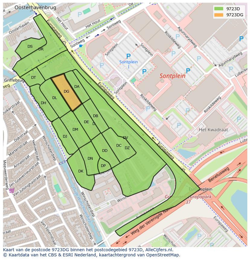 Afbeelding van het postcodegebied 9723 DG op de kaart.