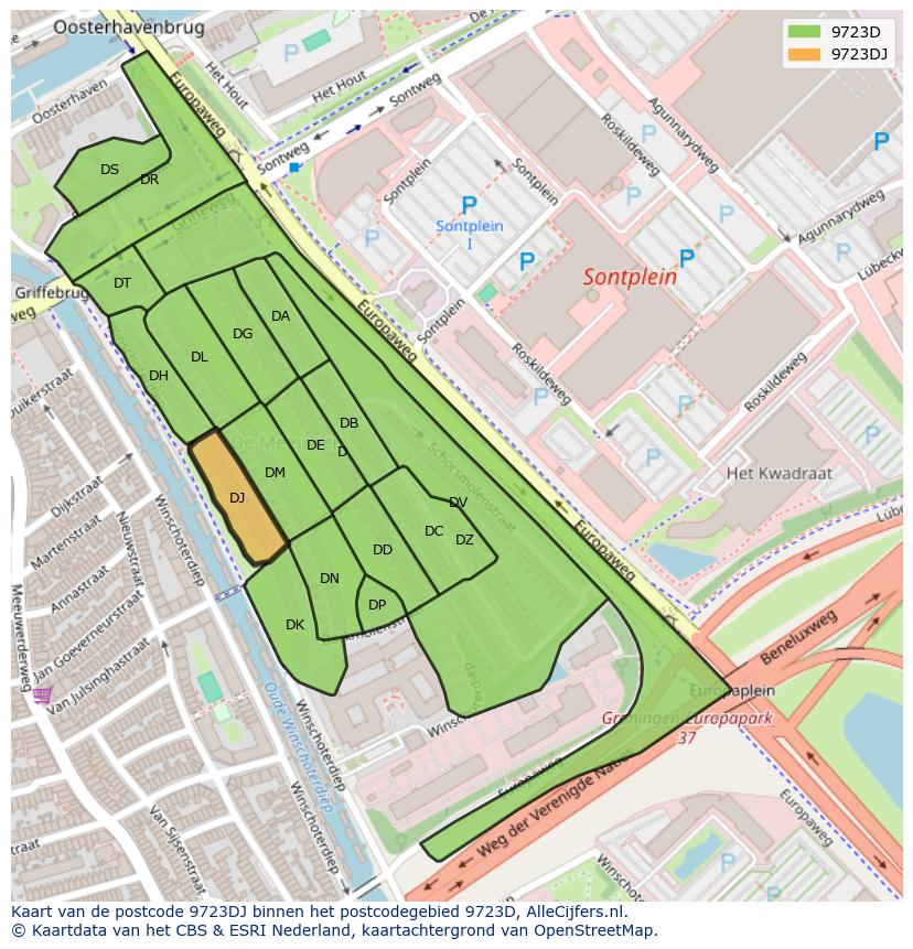 Afbeelding van het postcodegebied 9723 DJ op de kaart.