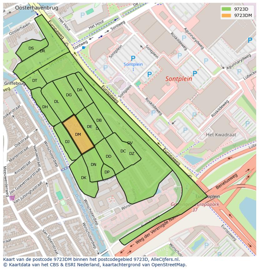 Afbeelding van het postcodegebied 9723 DM op de kaart.