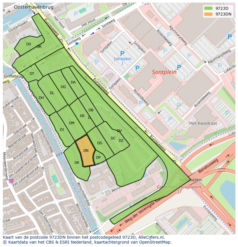 Afbeelding van het postcodegebied 9723 DN op de kaart.