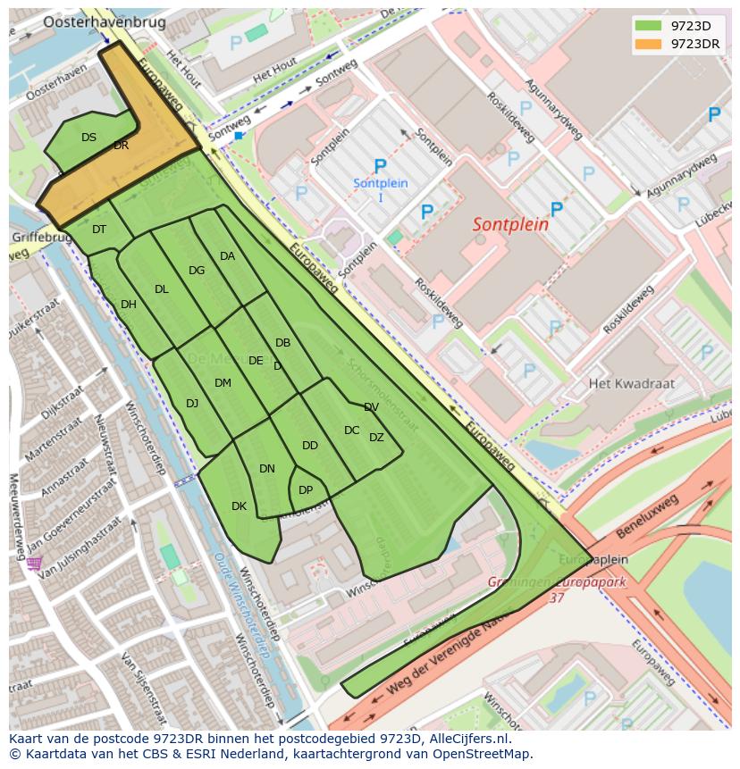 Afbeelding van het postcodegebied 9723 DR op de kaart.