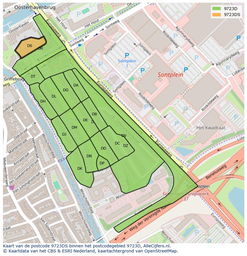 Afbeelding van het postcodegebied 9723 DS op de kaart.