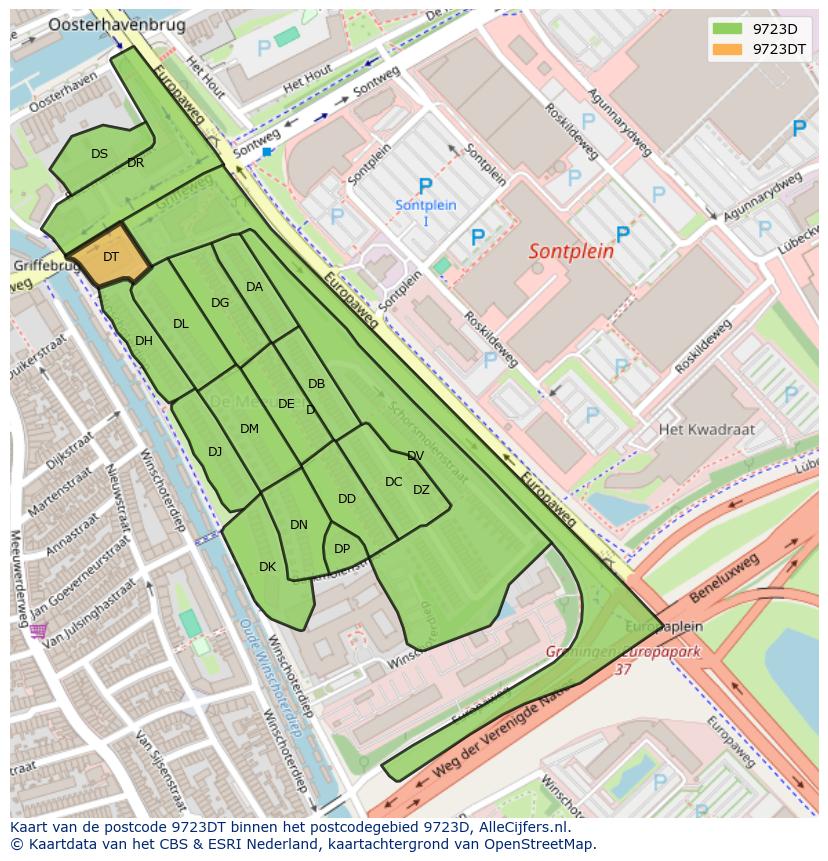 Afbeelding van het postcodegebied 9723 DT op de kaart.
