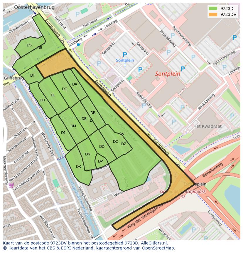 Afbeelding van het postcodegebied 9723 DV op de kaart.