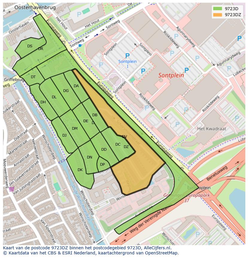 Afbeelding van het postcodegebied 9723 DZ op de kaart.