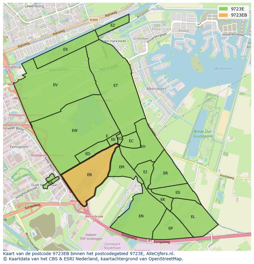 Afbeelding van het postcodegebied 9723 EB op de kaart.