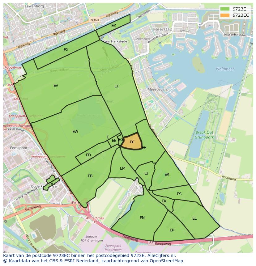 Afbeelding van het postcodegebied 9723 EC op de kaart.