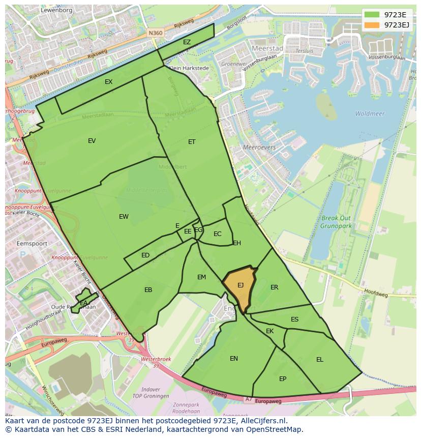 Afbeelding van het postcodegebied 9723 EJ op de kaart.