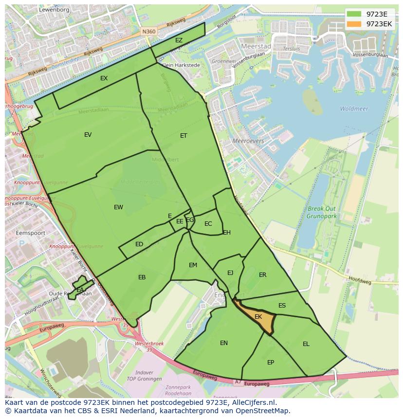 Afbeelding van het postcodegebied 9723 EK op de kaart.