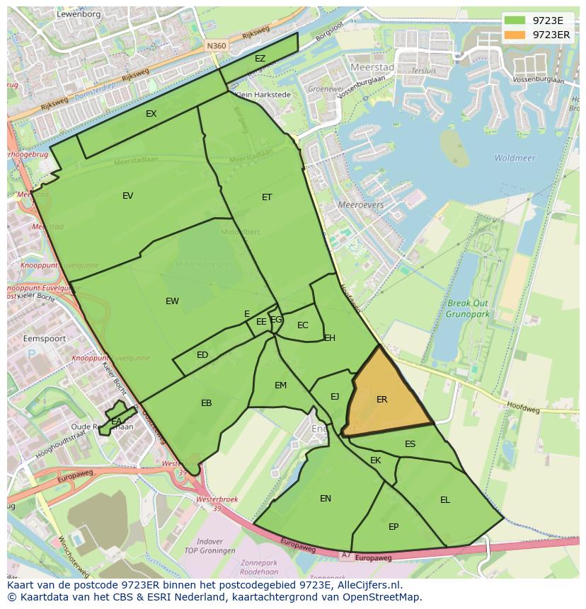Afbeelding van het postcodegebied 9723 ER op de kaart.
