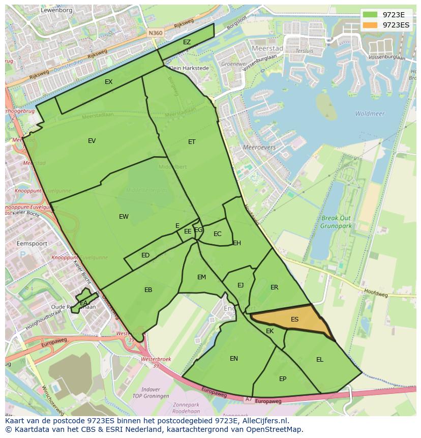 Afbeelding van het postcodegebied 9723 ES op de kaart.
