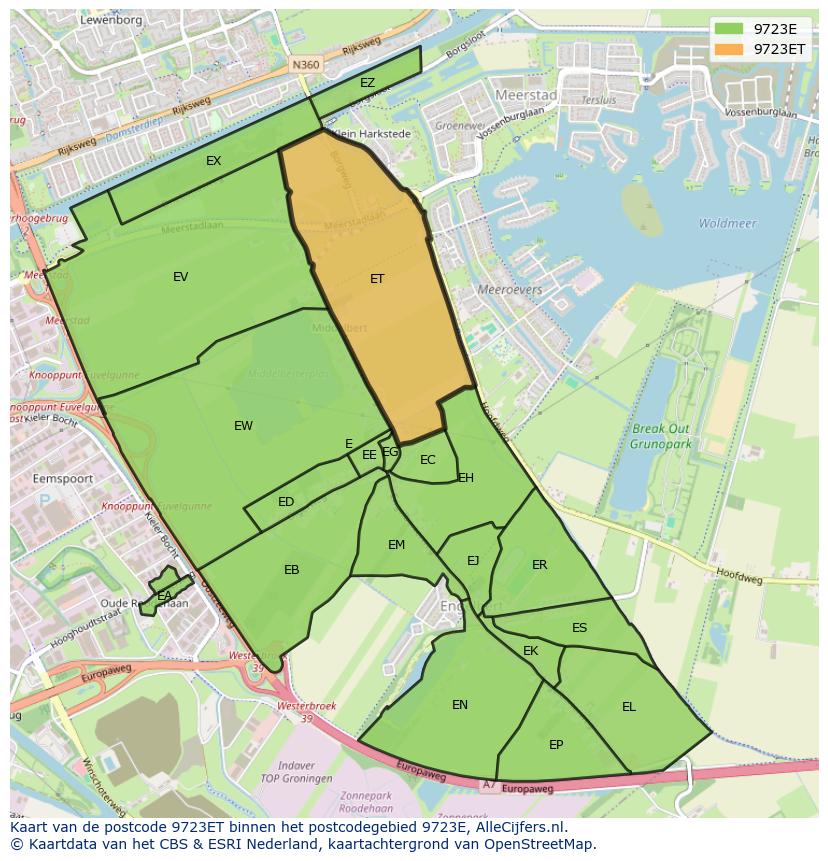 Afbeelding van het postcodegebied 9723 ET op de kaart.