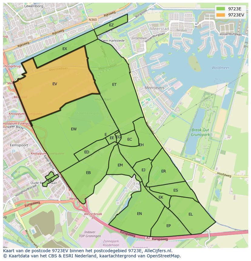 Afbeelding van het postcodegebied 9723 EV op de kaart.