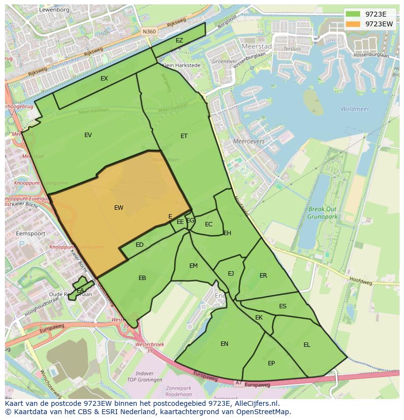 Afbeelding van het postcodegebied 9723 EW op de kaart.