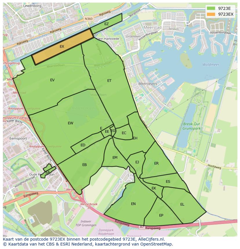 Afbeelding van het postcodegebied 9723 EX op de kaart.