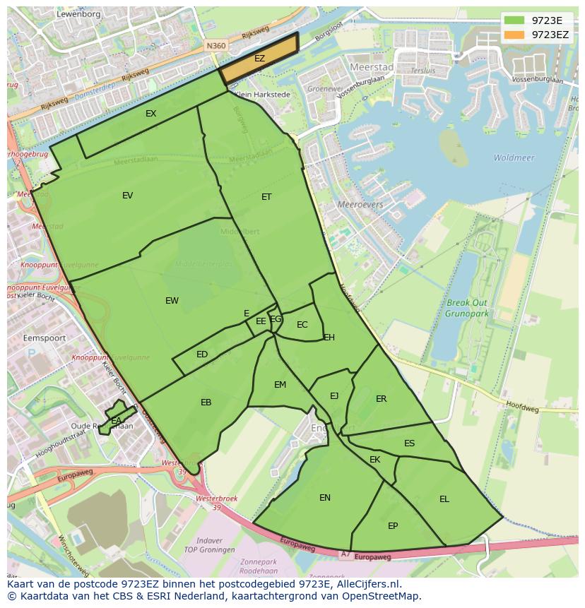 Afbeelding van het postcodegebied 9723 EZ op de kaart.
