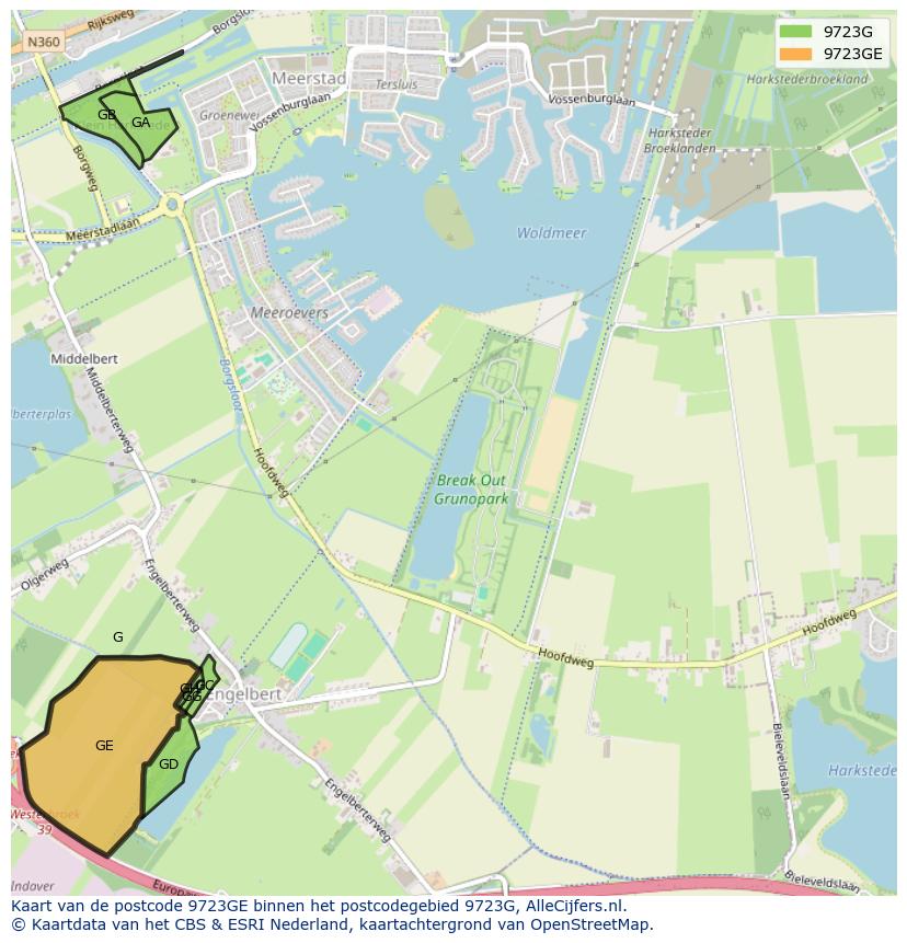 Afbeelding van het postcodegebied 9723 GE op de kaart.