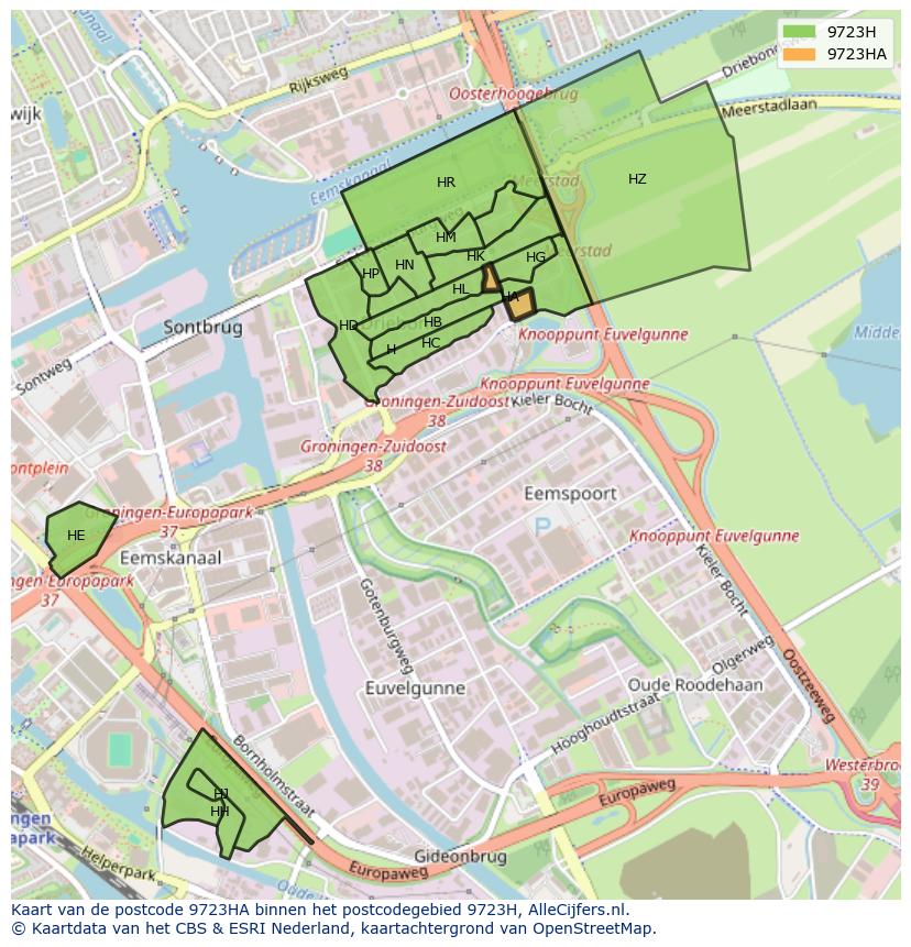 Afbeelding van het postcodegebied 9723 HA op de kaart.