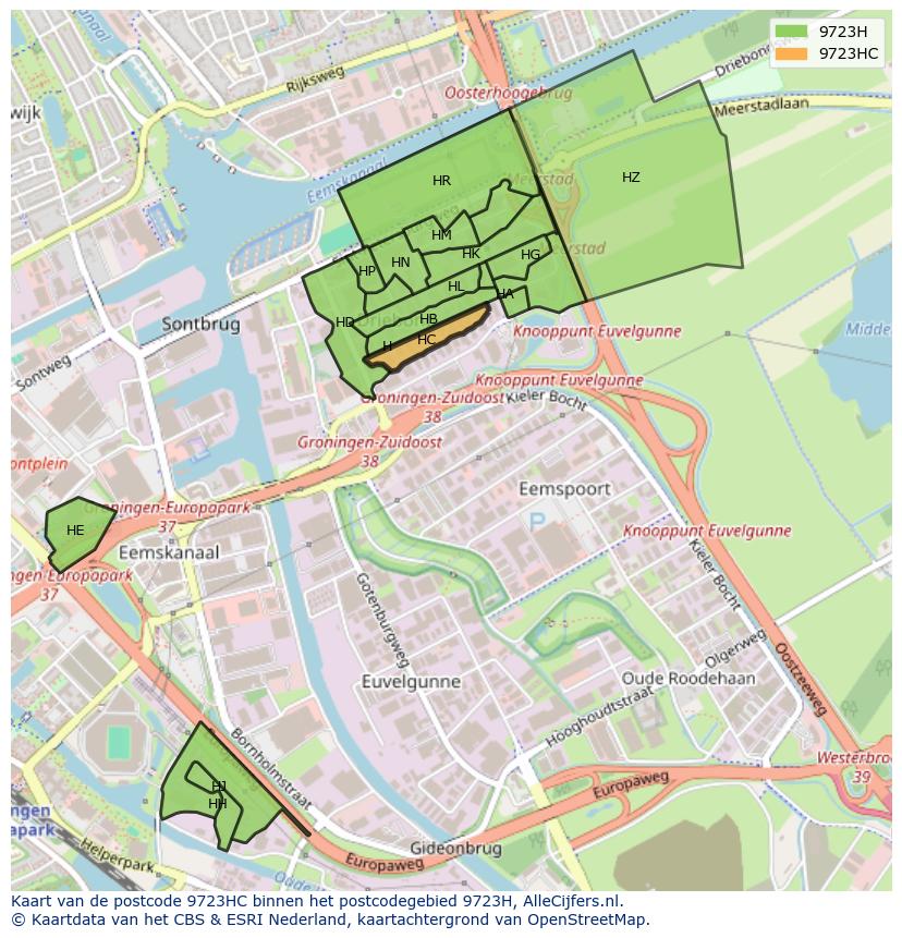 Afbeelding van het postcodegebied 9723 HC op de kaart.