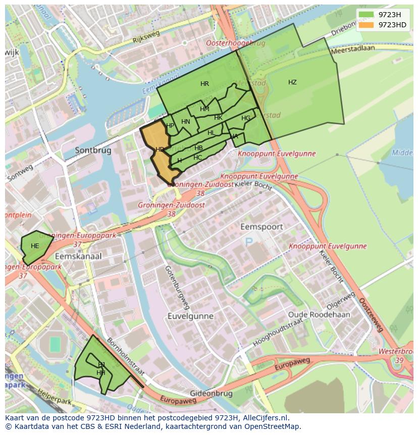 Afbeelding van het postcodegebied 9723 HD op de kaart.